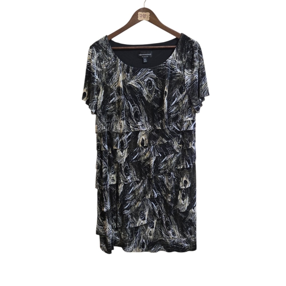 Connected Women's Dress SZ 16W Shortsleeve Above Knee Black White Green Feather